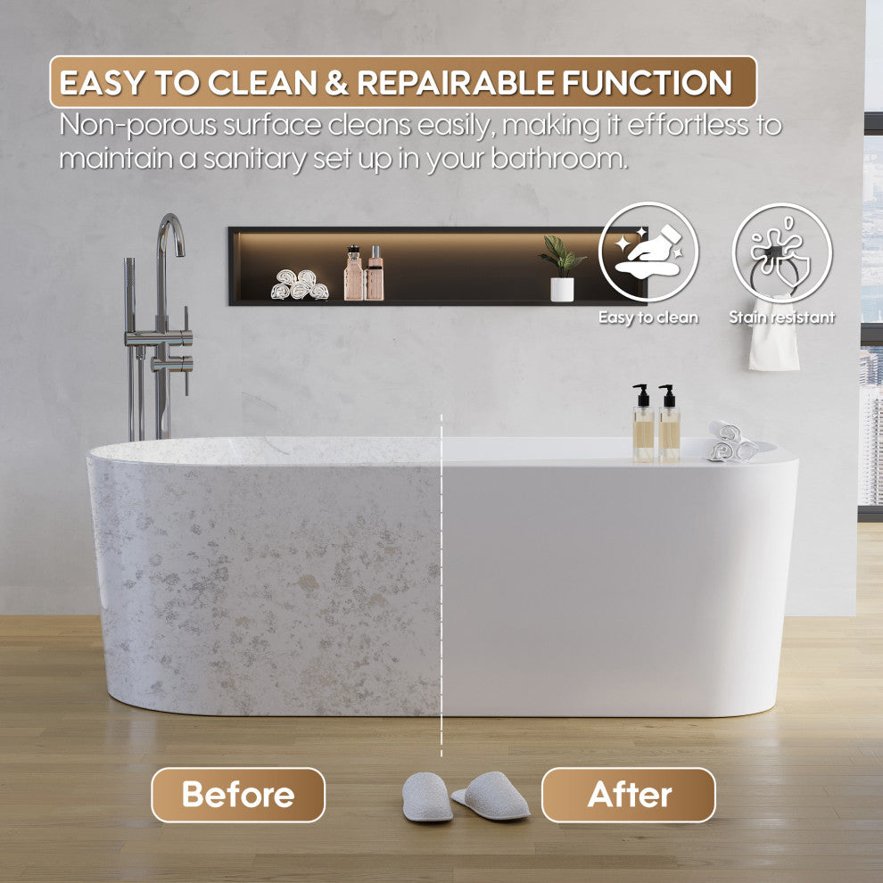 65 inch Freestanding Solid Surface Soaking Bathtub in Cement Grey