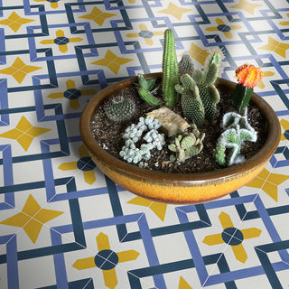 Berkane Handmade Cement Tile, Blue/Purple/Yellow, Sample
