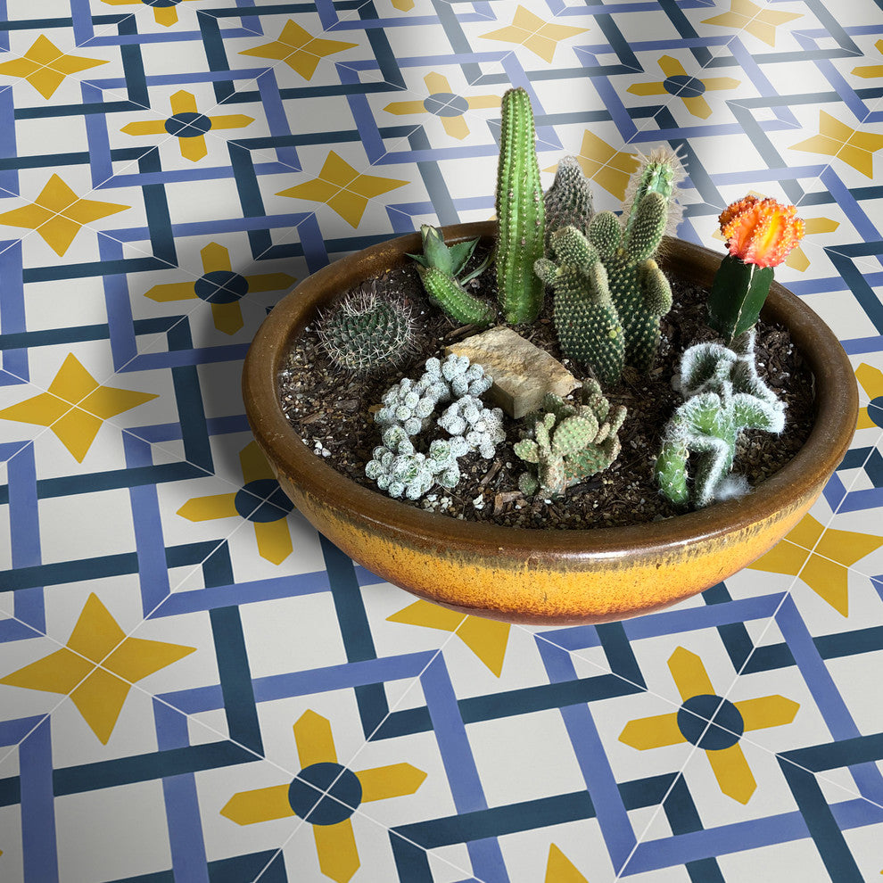 Berkane Handmade Cement Tile, Blue/Purple/Yellow, Sample