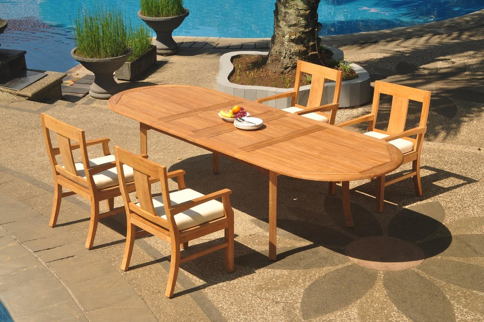 5-Piece Outdoor Teak Dining Set, 117" Extension Oval Table, 4 Osbo Arm Chairs