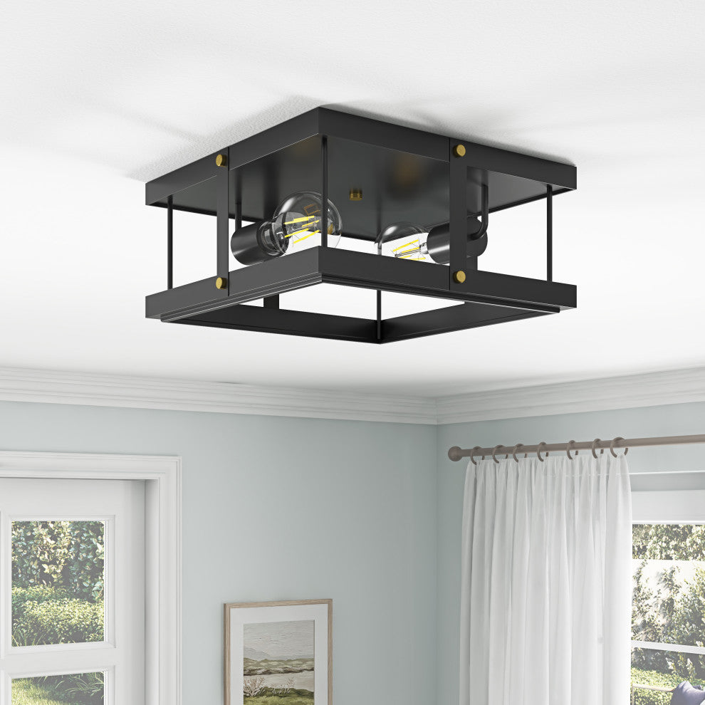 Industrial Black 2-Light Rectangle Iron Frame Flush Mount Ceiling Light