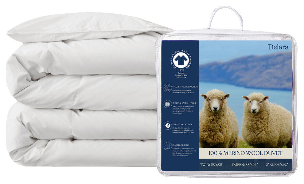 Delara Wool Duvet Insert 100% Organic Cotton Shell, Twin, 68"x86"