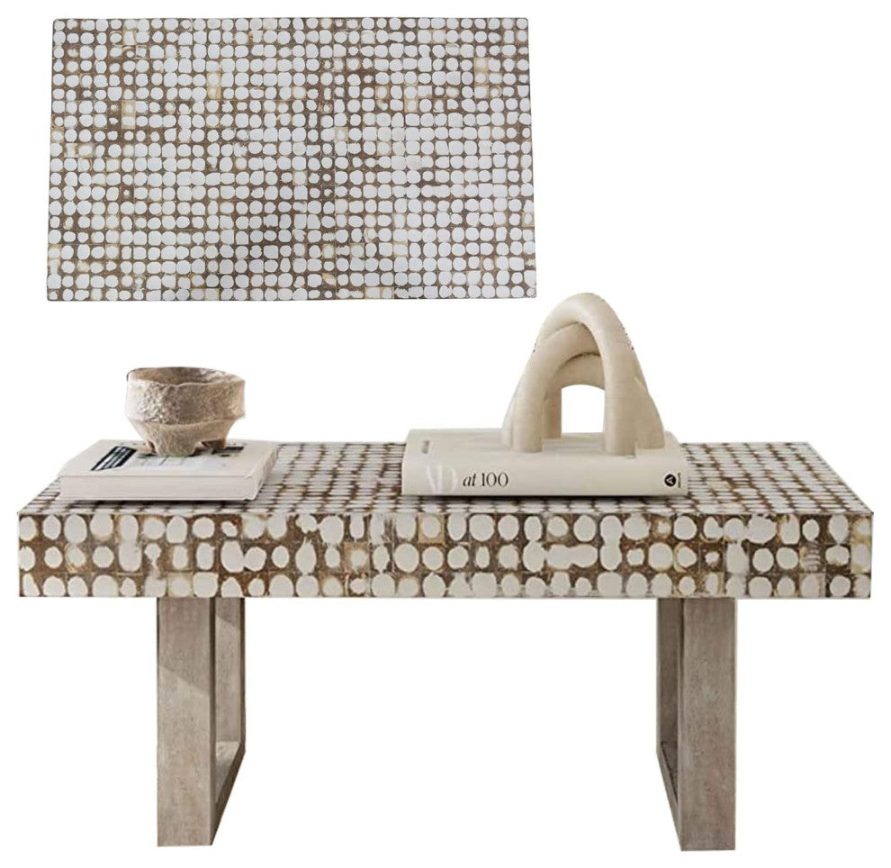 Rectangular Coffee Table With Inlaid Coconut Shells and Sturdy Wood Base