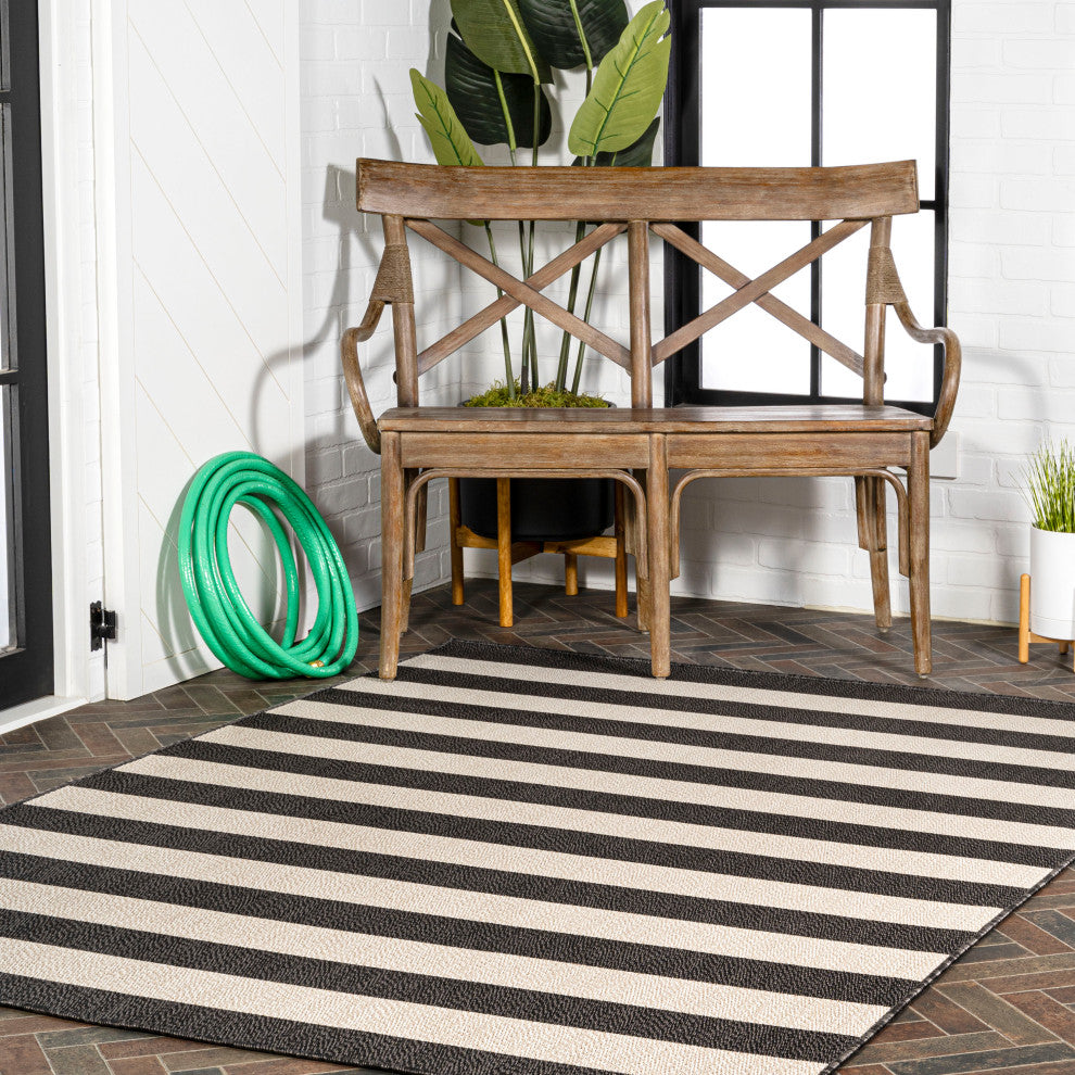 Negril Two-Tone Wide Stripe Indoor/Outdoor Area Rug, Black/Beige, 3x5
