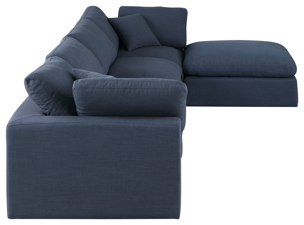 Comfy Upholstered L-Shaped Modular Sectional, Navy, 5-Piece: 2 Armless Chair, 2 Corner Chair, 1 Ottoman, Linen Textured Fabric