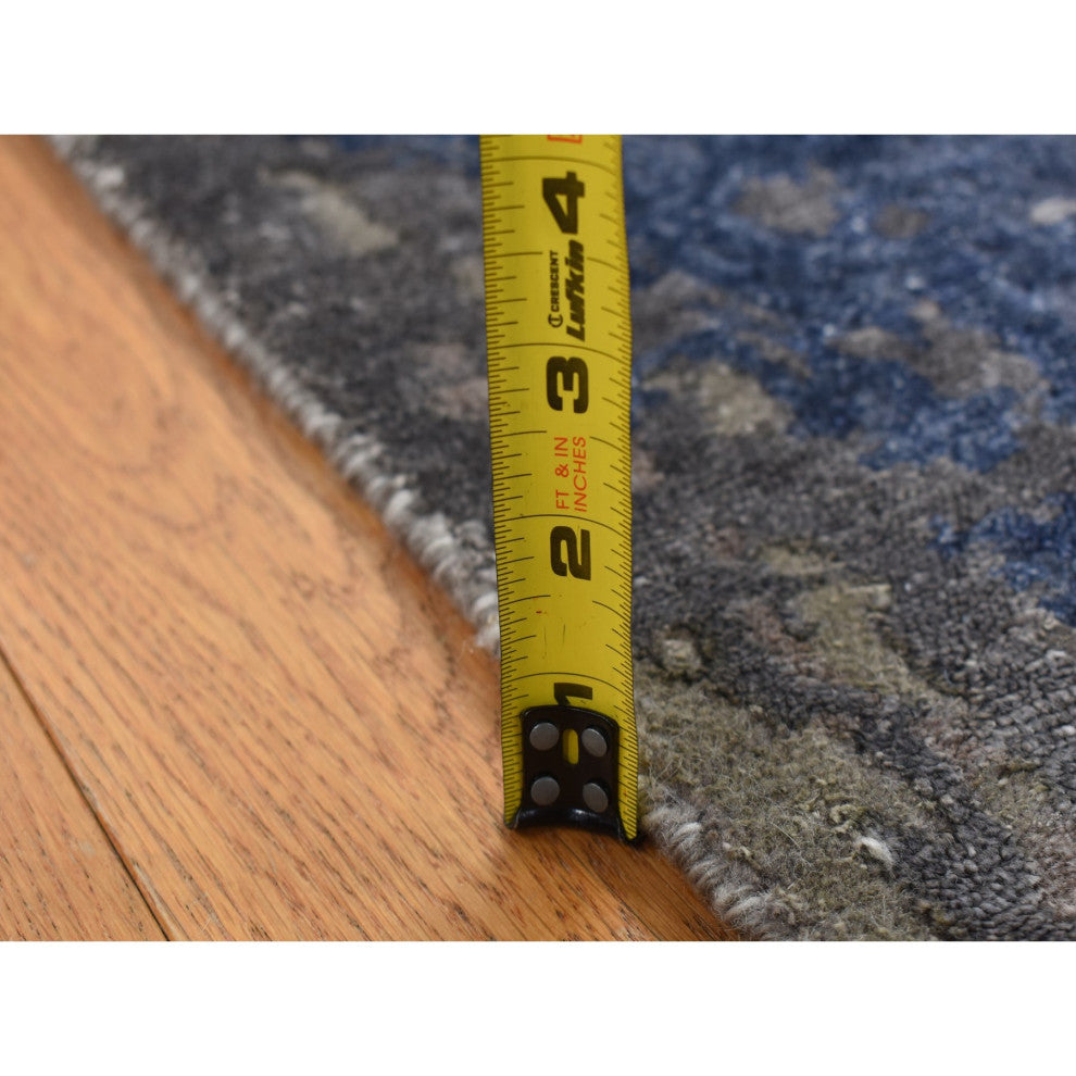 Blue, Hand Knotted, Abstract Design, Wool and Silk, Runner Rug, 2'8"x8'1"