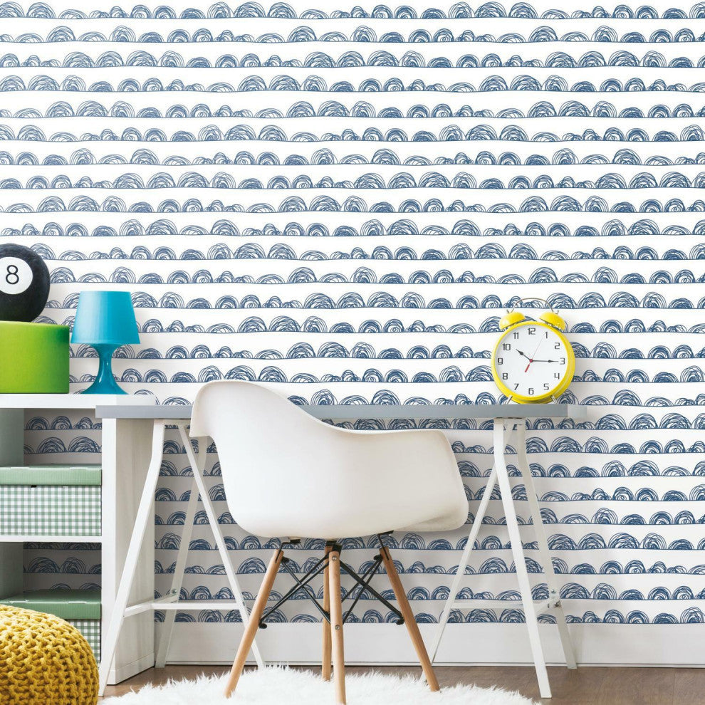 White & Indigo Doodle Scallop Peel & Stick Wallpaper