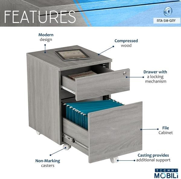 Techni Mobili Rolling 2-Drawer Vertical Filing Cabinet, Gray