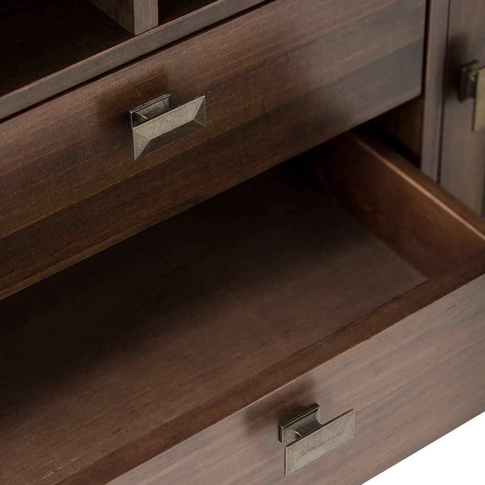 Contemporary TV Stand, Elegant Window Style Cabinet Doors, Natural Aged Brown