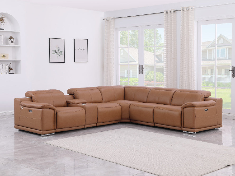 Federico 6-Piece L-Shaped Top Grain Italian Leather Sectional, Cognac