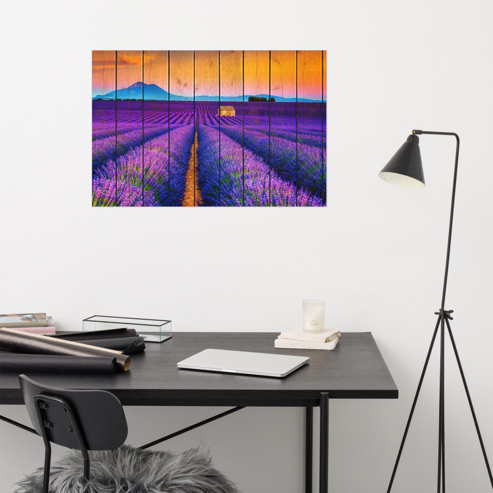 Faux Wood Lavender Fields and Sunset Landscape Unframed Wall Art Prints, 24" X 36"