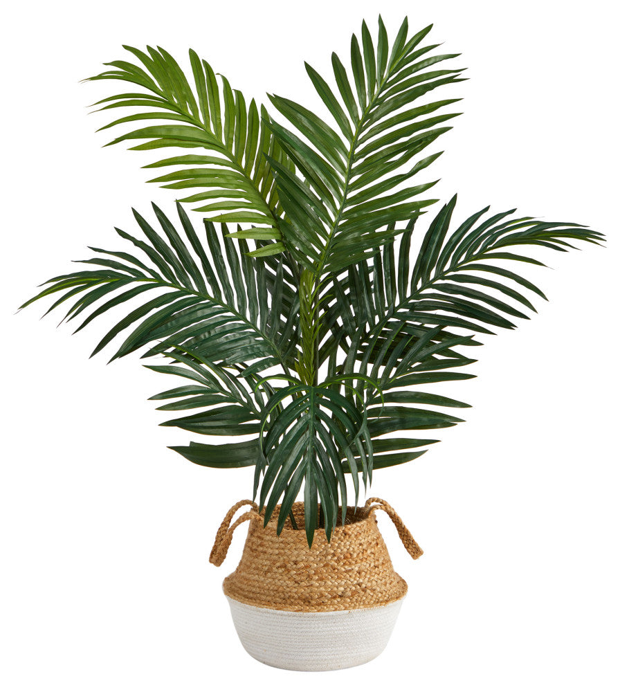4' Kentia Palm Faux Tree, Boho Chic Handmade Cotton and Jute White Woven Planter