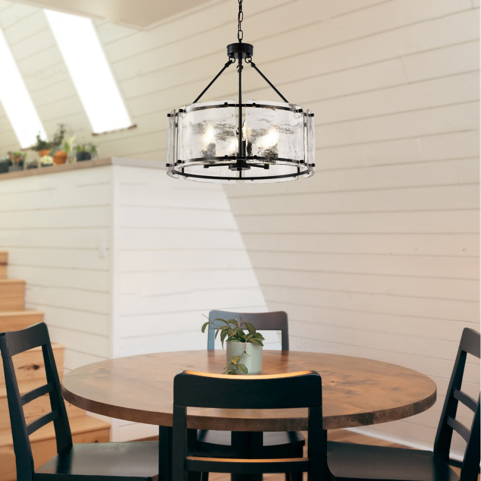 6-Light Matte Black Drum Pendant Design Chandelier With Rippled Glass