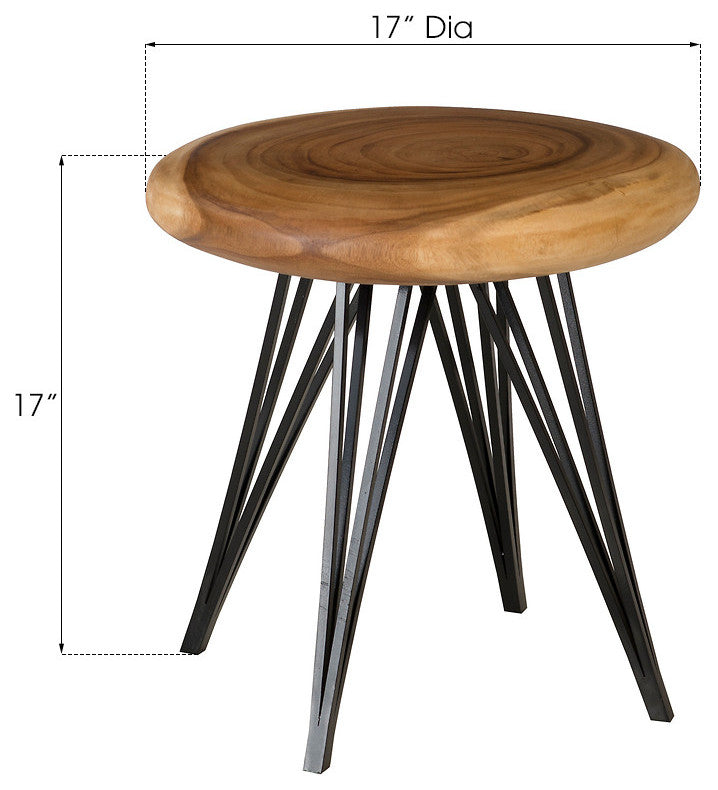 Smoothed Stool on Black Metal Legs, Chamcha Wood, Natural