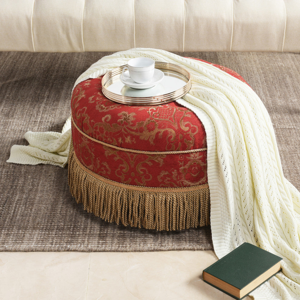 Yolanda 24" Upholstered Round Accent Ottoman, Red & Gold Damask