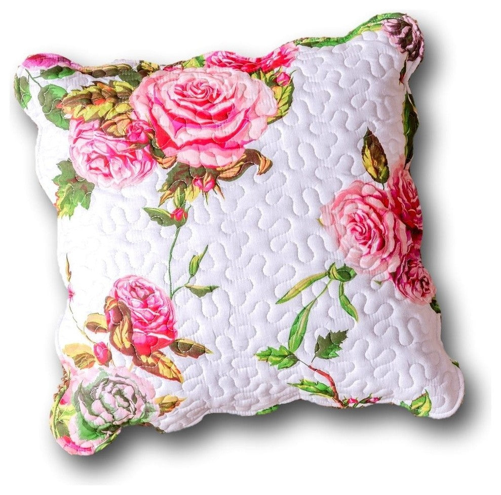 Set of 2 Romantic Roses Scalloped Spring Floral Pink Throw Pillow Covers, 18"