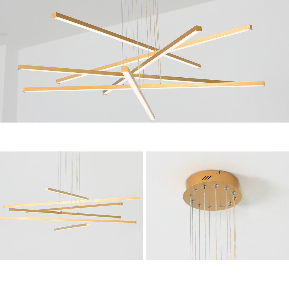 LED Modern Line Pendant Light Dimming, Remote, Aluminum Light, Gold, 6 Lights