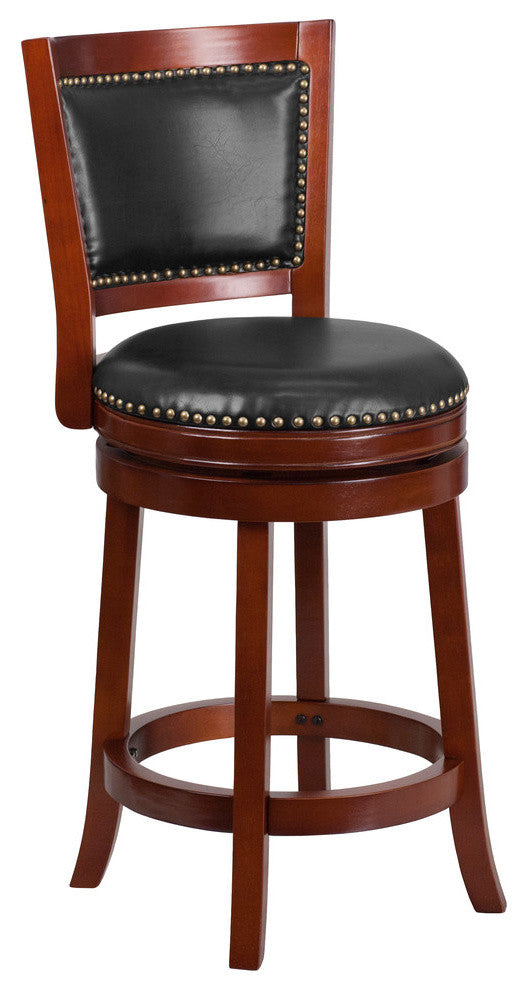 26" High Dark Cherry Wood Counter Stool With Walnut Leather Swivel Seat