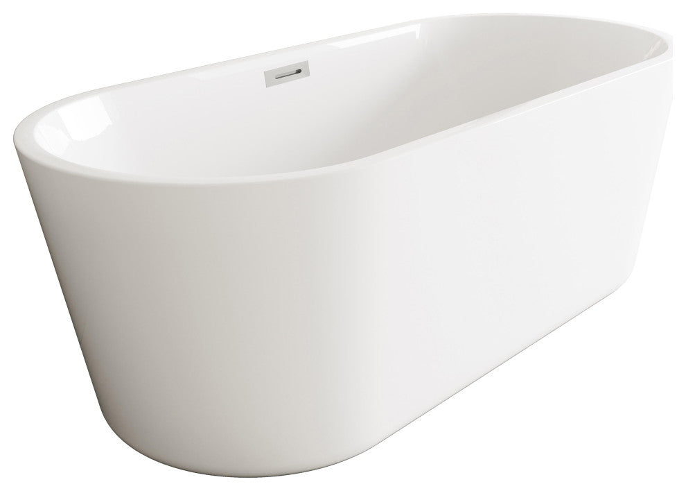 OWEN 59" Soaking Bathtub, Glossy White With Brushed Nickel Trim
