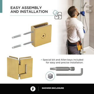 Shower Enclosure Hinged Frameless Tempered Glass, Satin Brass, 42"