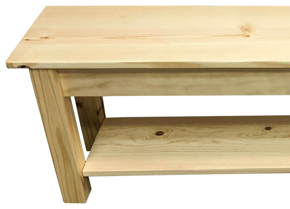 Pine Wood Storage Bench With Shelf, 66"