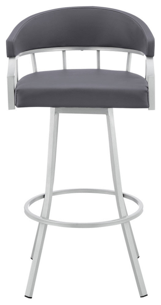Valerie Swivel Brown Faux Leather and Java Brown Metal Bar Stool, Gray/Silver, Bar Height