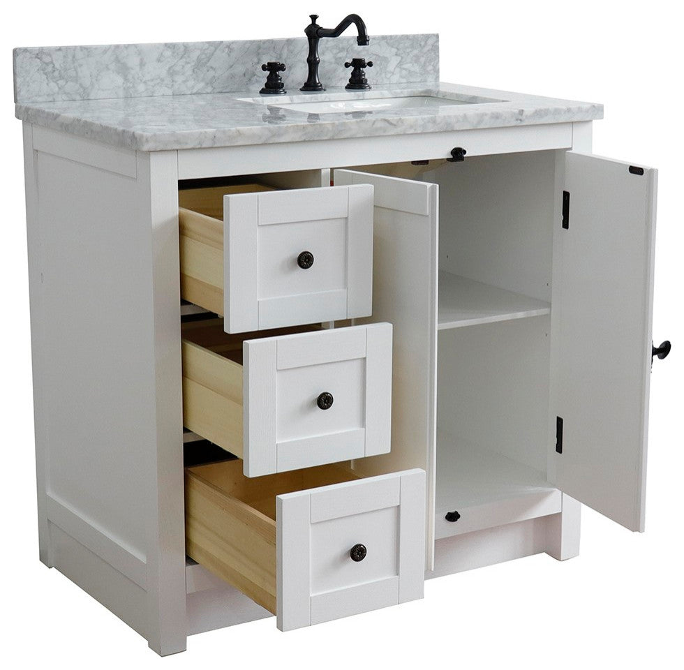 37" Vanity, Glacier Ash, White Carrara Top, Right Doors/Right Rectangle Sink