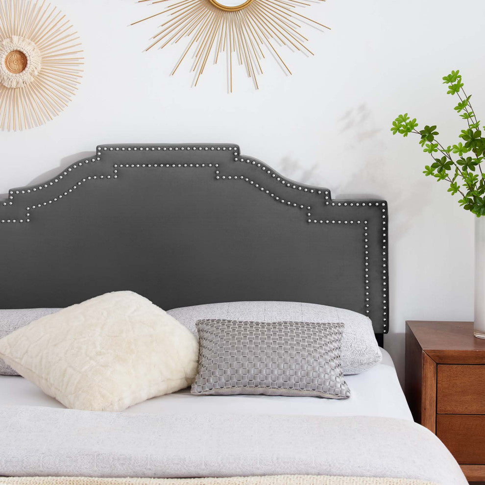 Headboard, Full Queen Size, Velvet, Dark Gray, Modern Contemporary, Bedroom