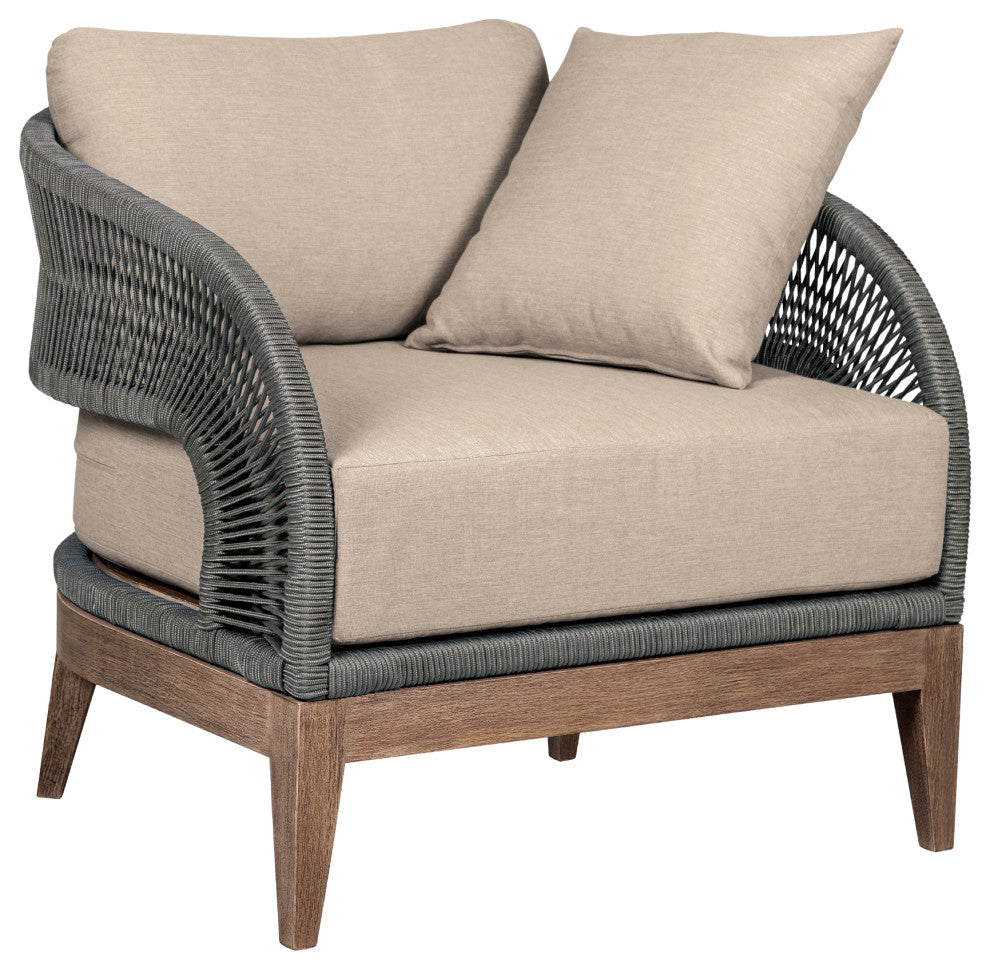 Orbit Outdoor Patio Chair Eucalyptus Wood With Gray Rope/Taupe Olefin Cushions