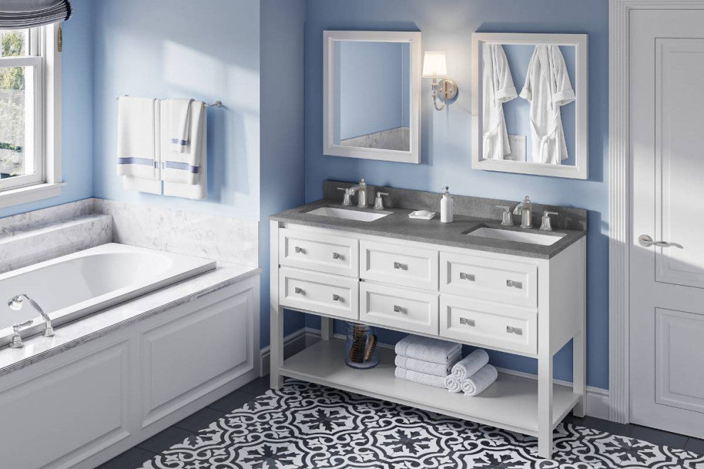 Adler Transitional 60" White Double Sink Vanity, Steel Grey Cultured Marble Vani