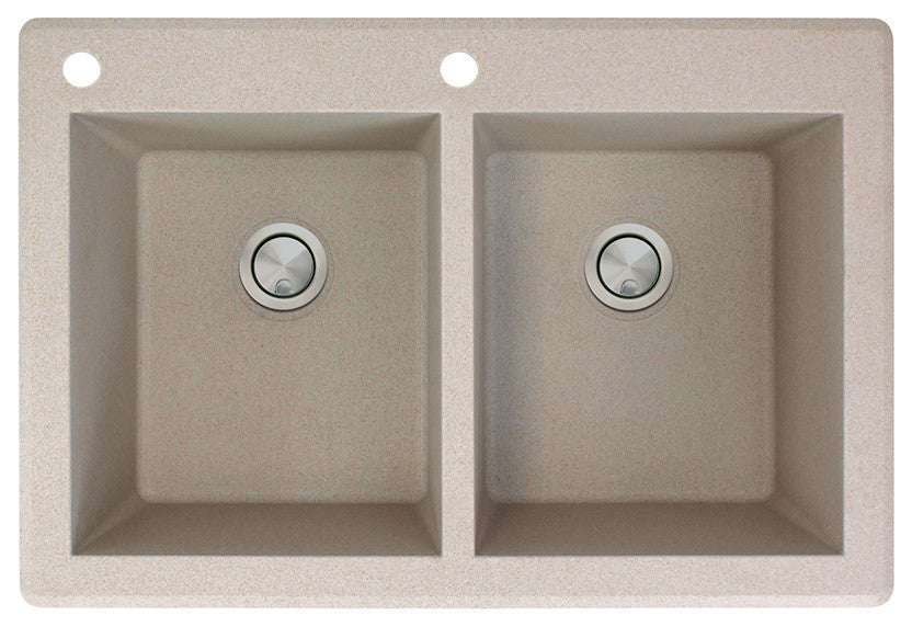 Radius 33" silQ Granite Double Bowl Kitchen Sink with 2 Holes in Cafe Latte