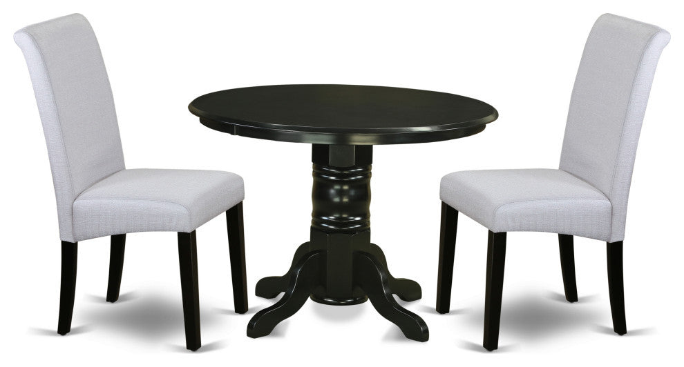 3Pc Small Round Table, Grayish Blue Fabric Kitchen Chairs, Black Chair Legs