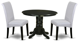 3Pc Small Round Table, Grayish Blue Fabric Kitchen Chairs, Black Chair Legs