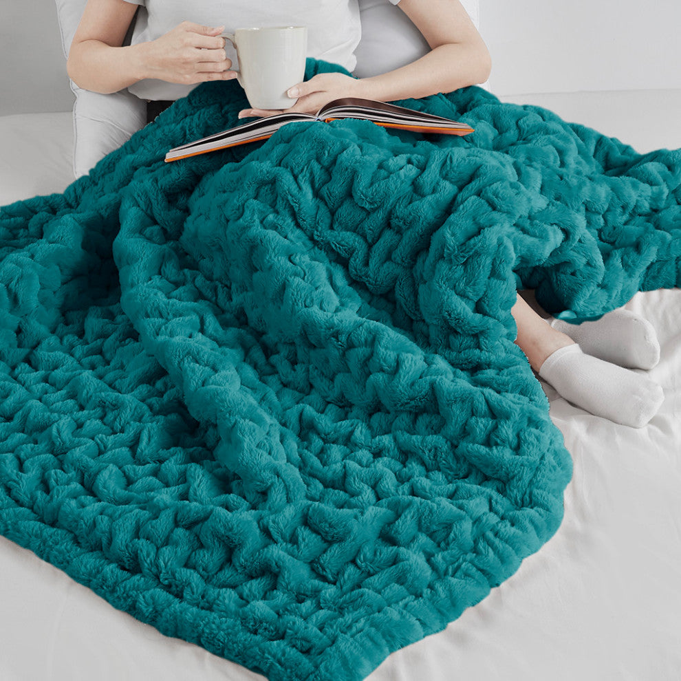 Madison Park Ruched Fur Throw, Teal