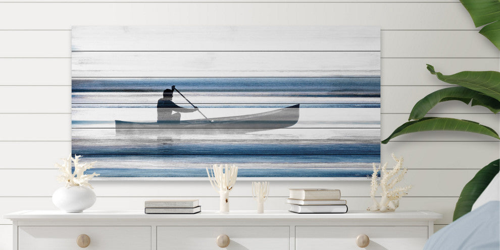 "Blue Lake Canoe II" Painting Print on White Wood, 36"x18"