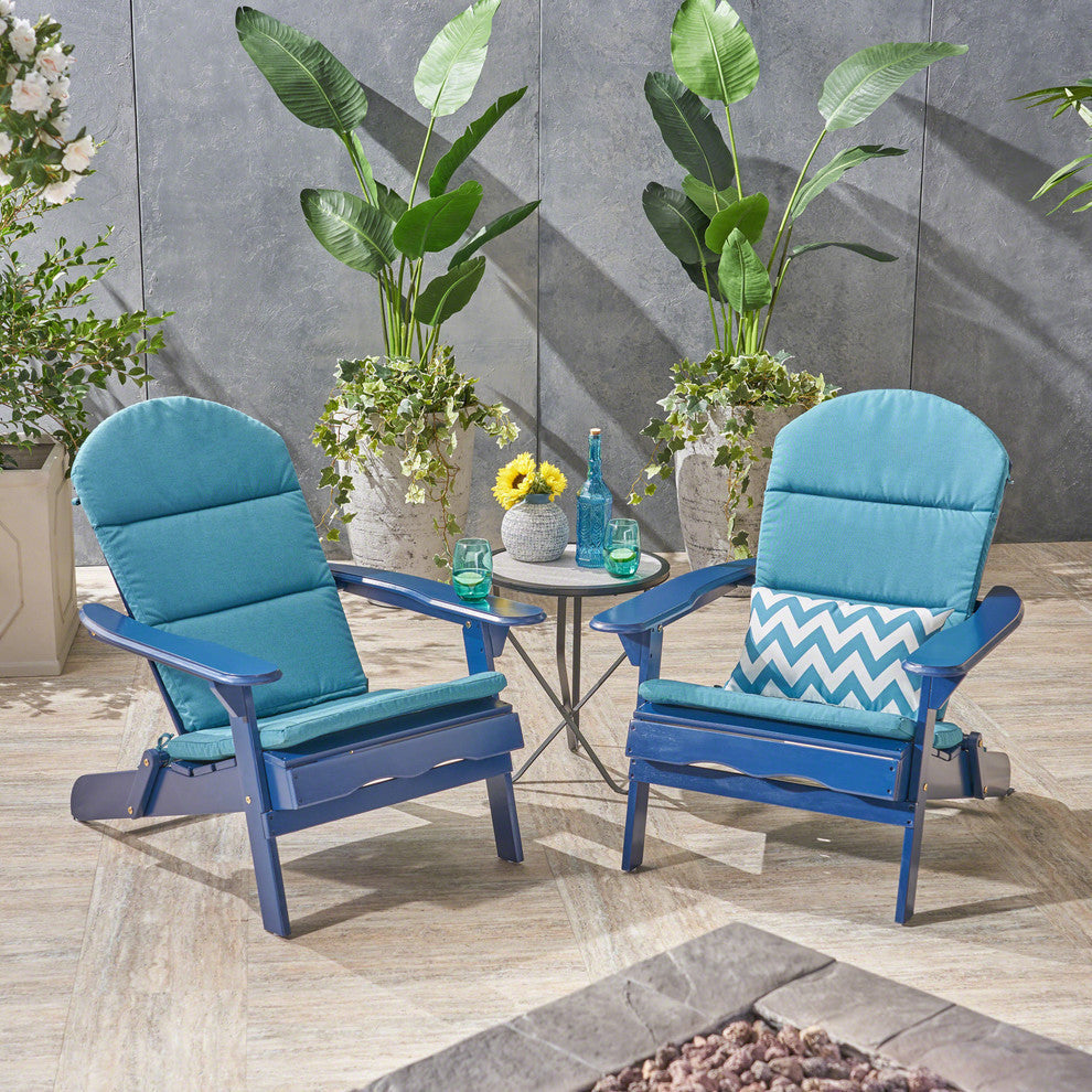 Outdoor Acacia Wood Folding Adirondack Chairs With Cushions, Set of 2, Navy Blue/Dark Teal