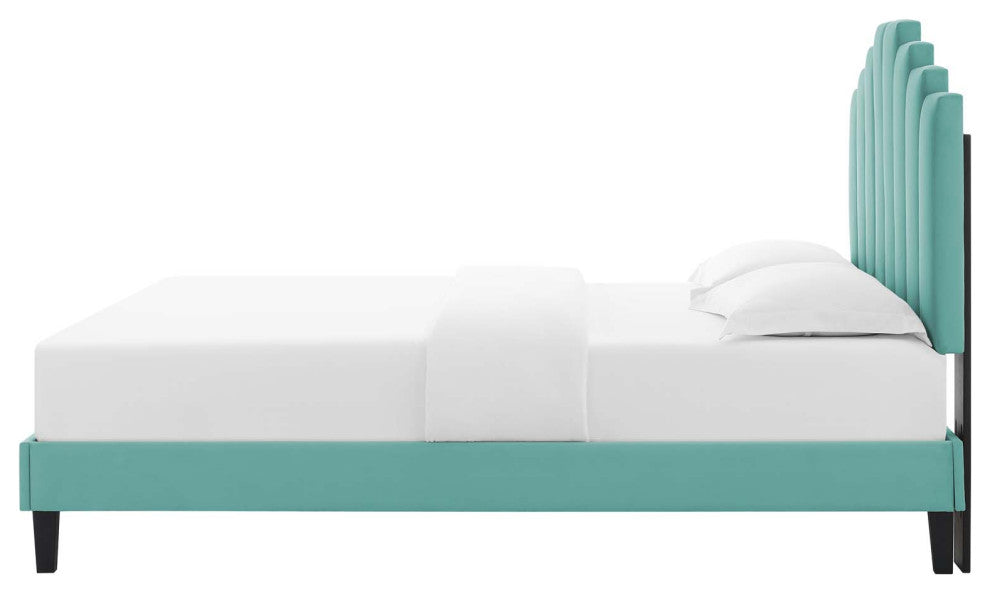 Platform Bed Frame, Twin Size, Velvet, Blue, Modern Contemporary, Bedroom Master