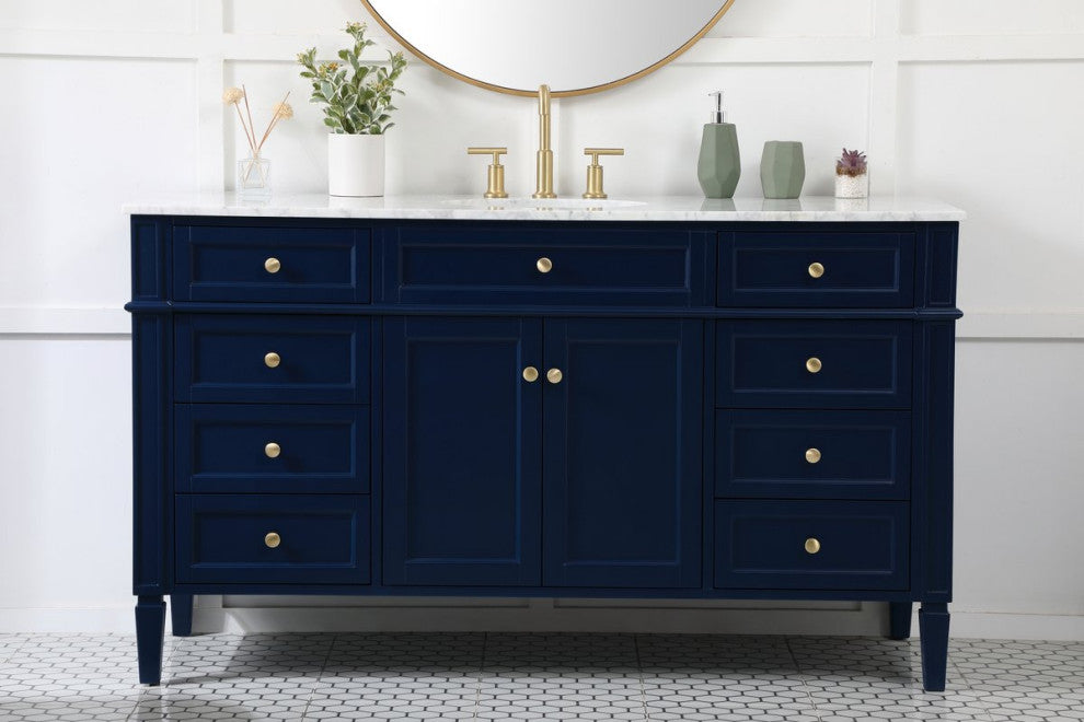 Home Living Vanity with Carrara White Marble Countertop, Blue, 60", Single Sink