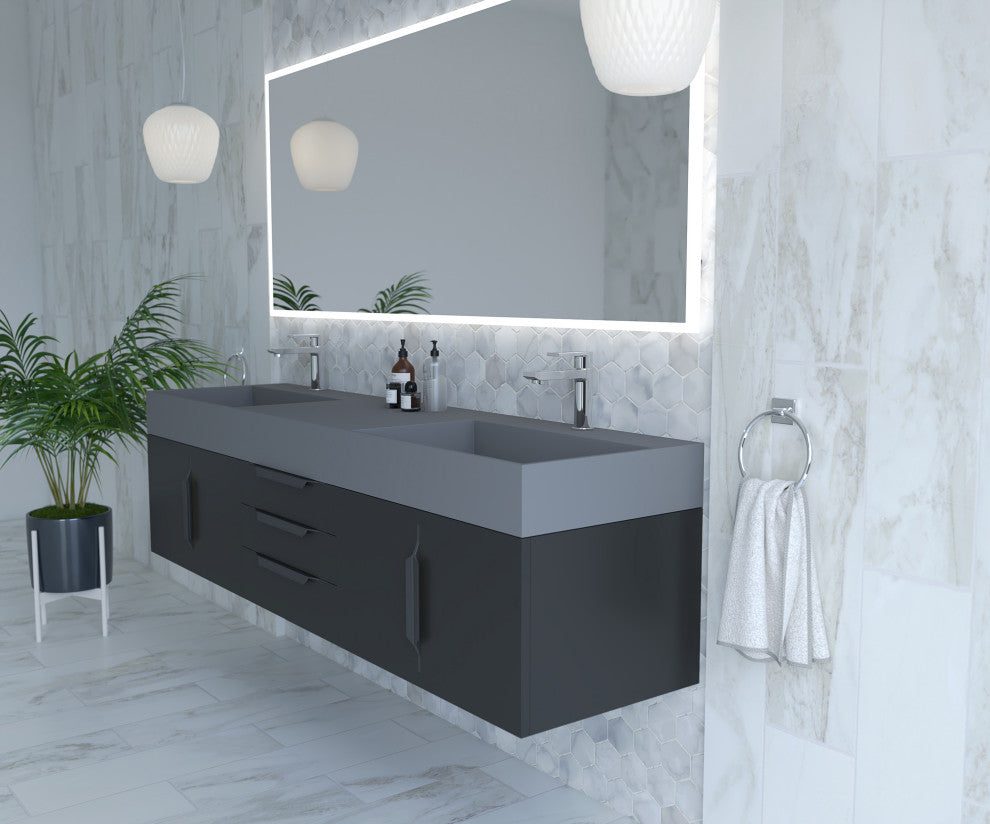 CastelloUSA Amazon 72" Wall Mounted Vanity Set, Black, Gray Top, Black Handles