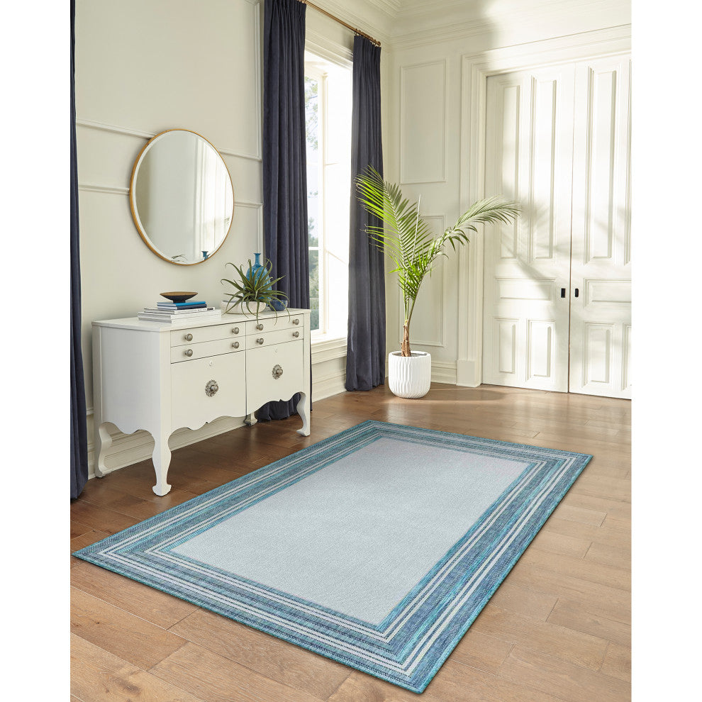 Carmel Multi Border Indoor/Outdoor Rug, Aqua, 7'10"x9'10"