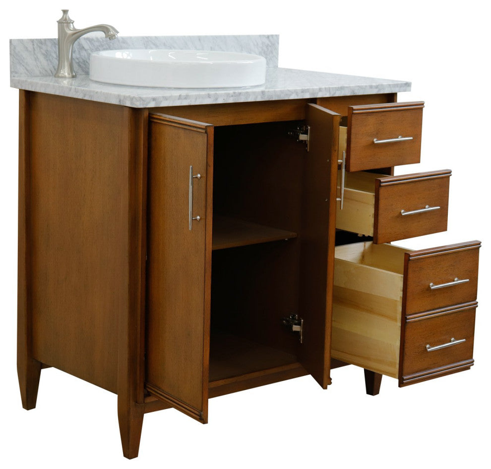 37" Single Vanity, Walnut Finish With White Carrara