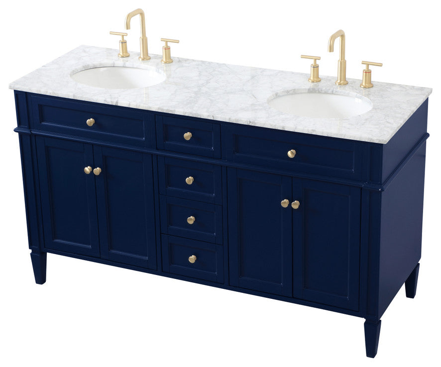 Home Living Vanity with Carrara White Marble Countertop, Blue, 60", Double Sink