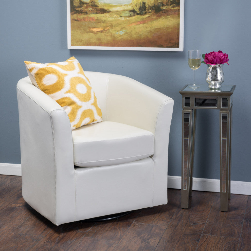 Corley Contemporary Upholstered Swivel Club Chair, Ivory, Faux Leather