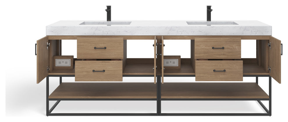 Bahia Bath Vanity, Oak, 84", Matte Black Hardware, Double, Freestanding