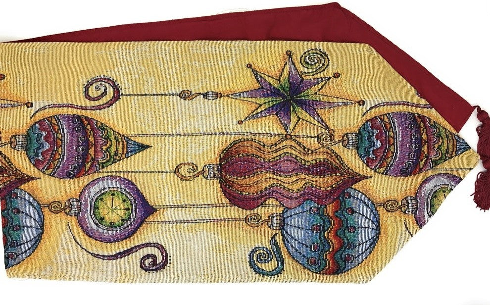 Elegant Ornaments Table Runner, Colorful Golden Holiday Tapestry, 13" X 90"