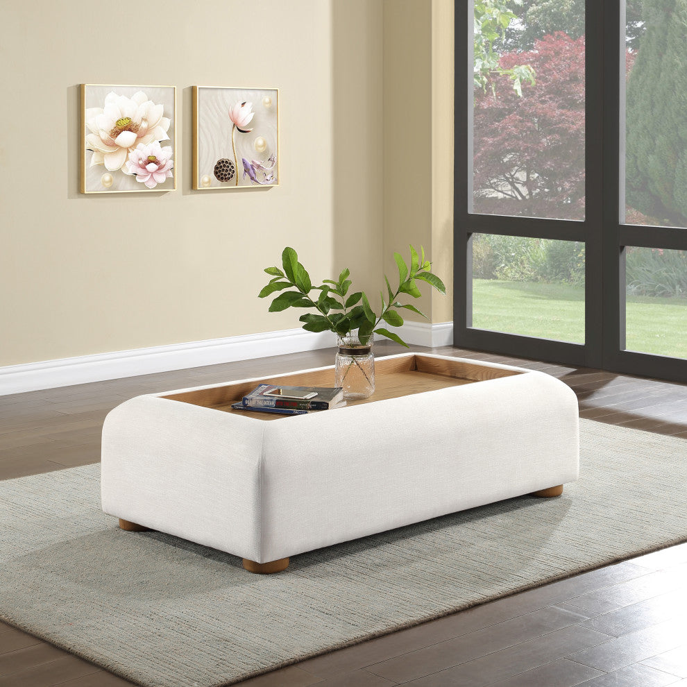 Diana Linen Textured Fabric Upholstered Coffee Table, Natural