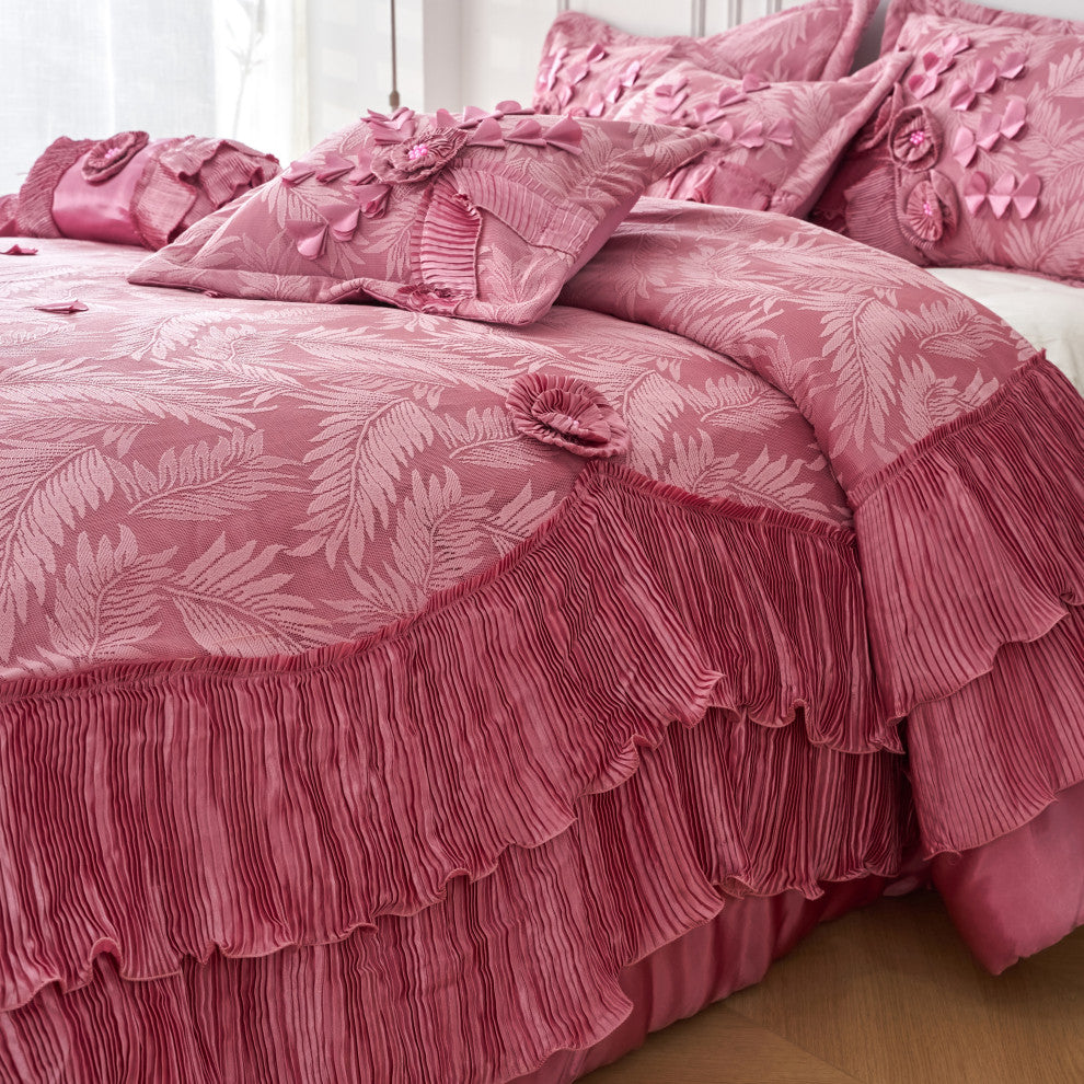 Pink Royal Dreams Faux Satin Ruffle Comforter Set, King