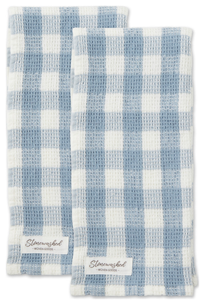 Dusty Blue Checker Washed Waffle Dishtowel (Set of 2)