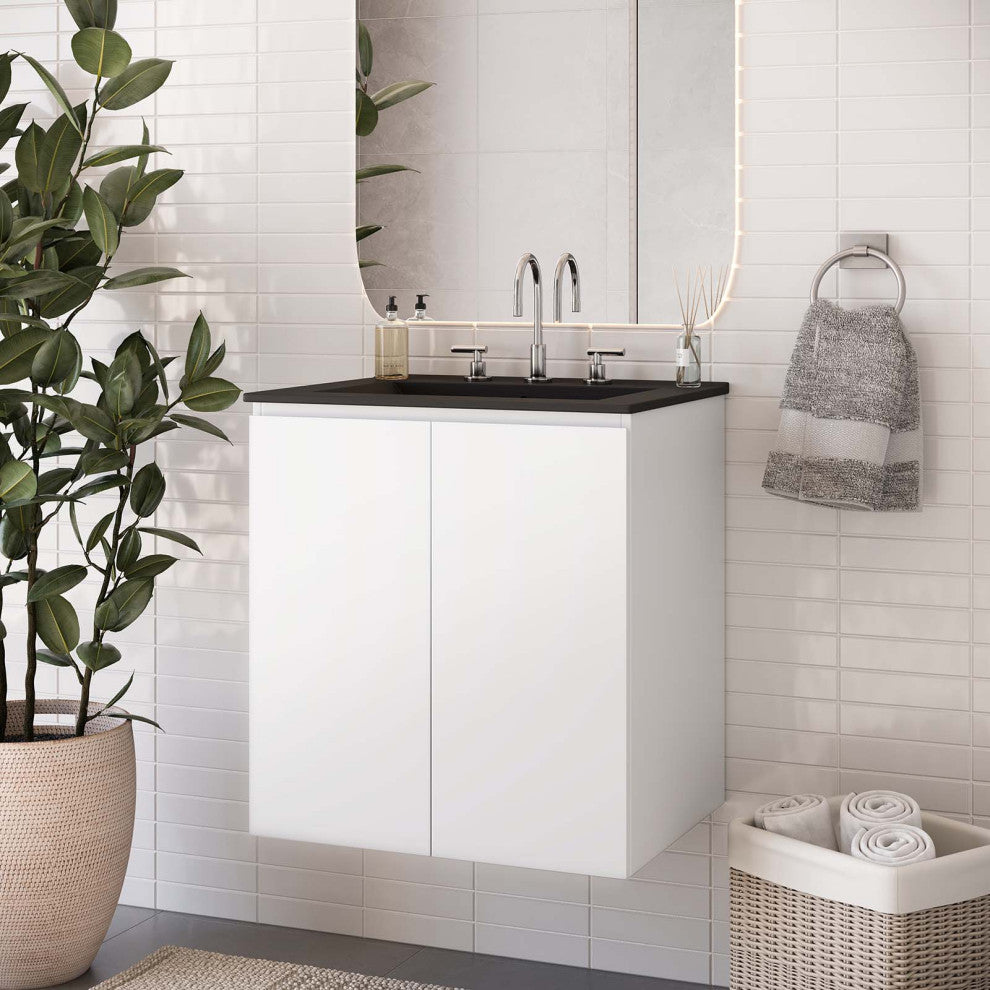 Sink Vanity Cabinet, Wall Mount, Black White, Ceramic, Modern, Hotel Bathroom