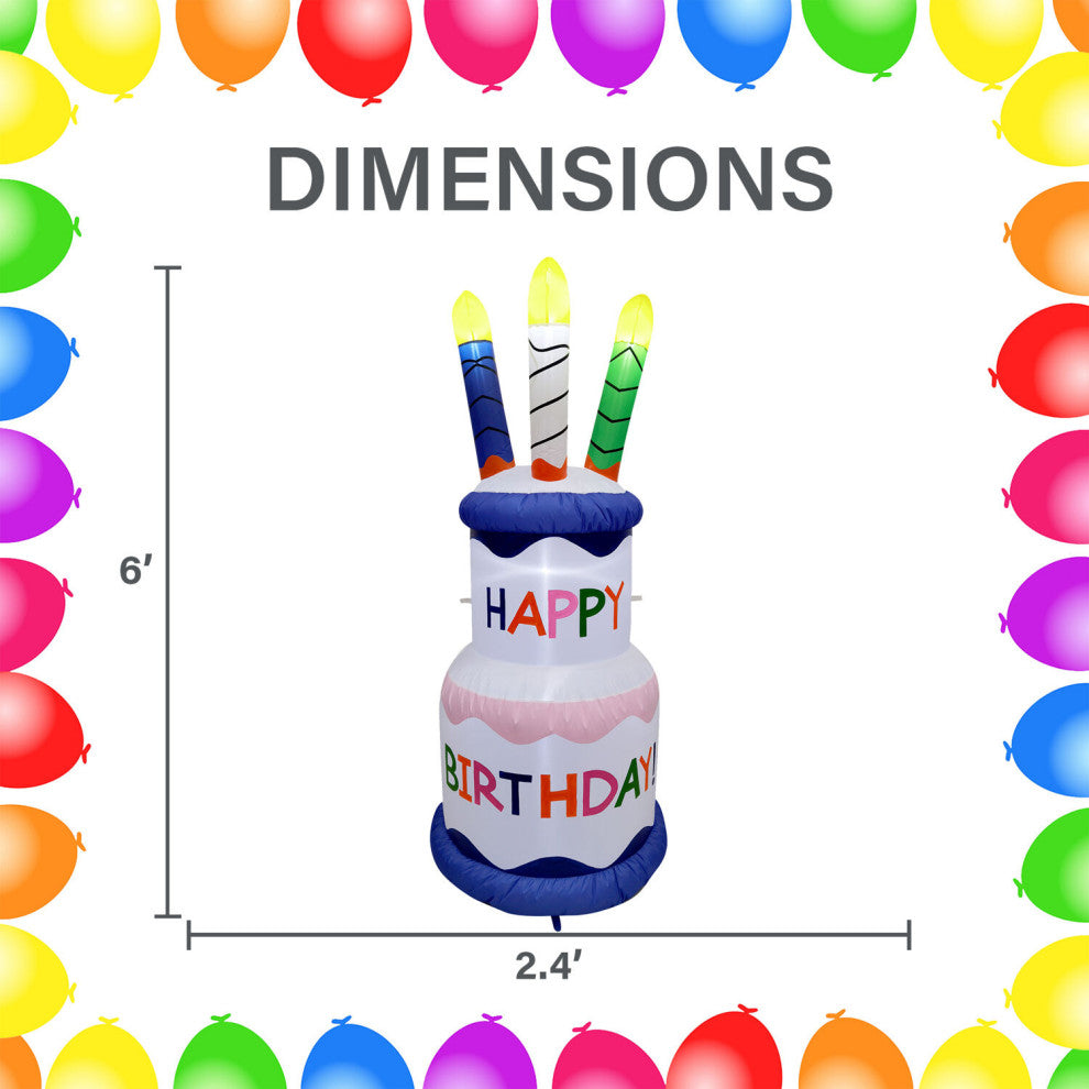 6' Tall Happy Birthday 2-Tier Cake With Candles, Inflatable With Lights